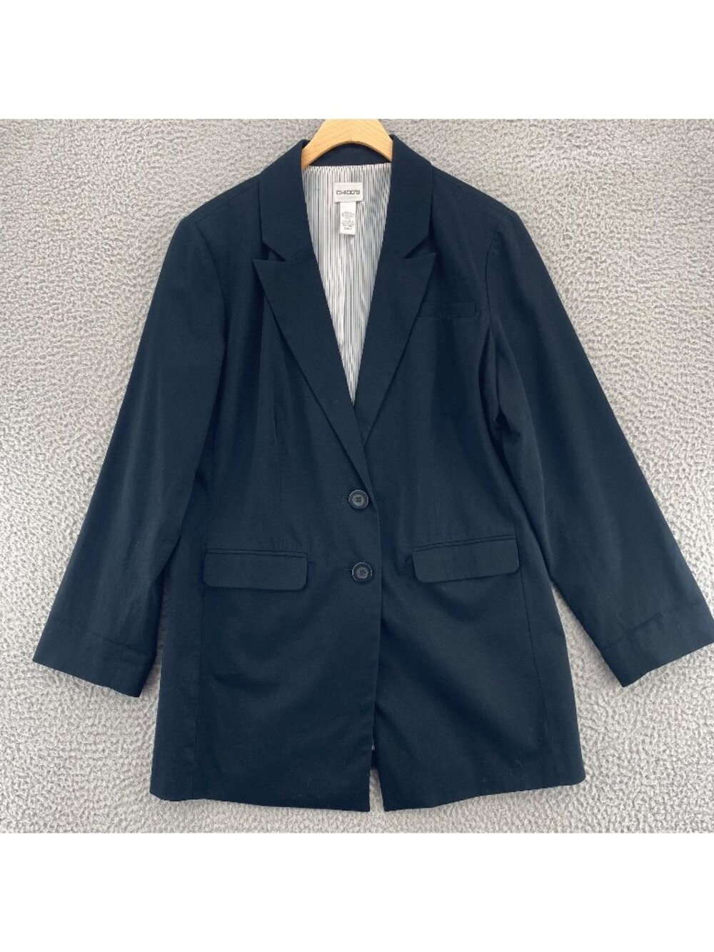 Chicos Blazer Women 1 US Medium Black Cotton Stretch Peak Lapel Button Up Jacket